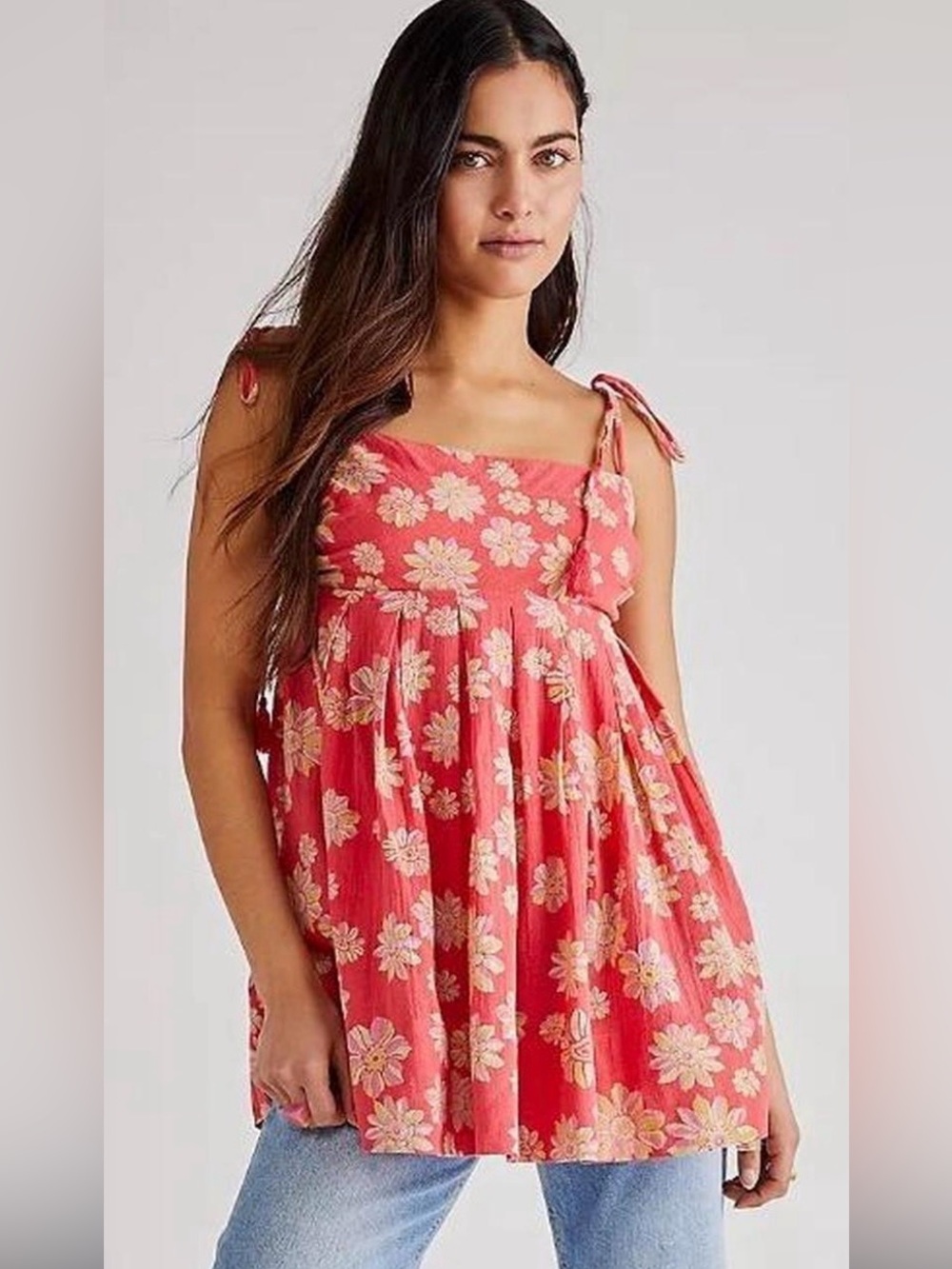 Free People Floral Babydoll Tank Top Size Small Pink Tie Strap Boho